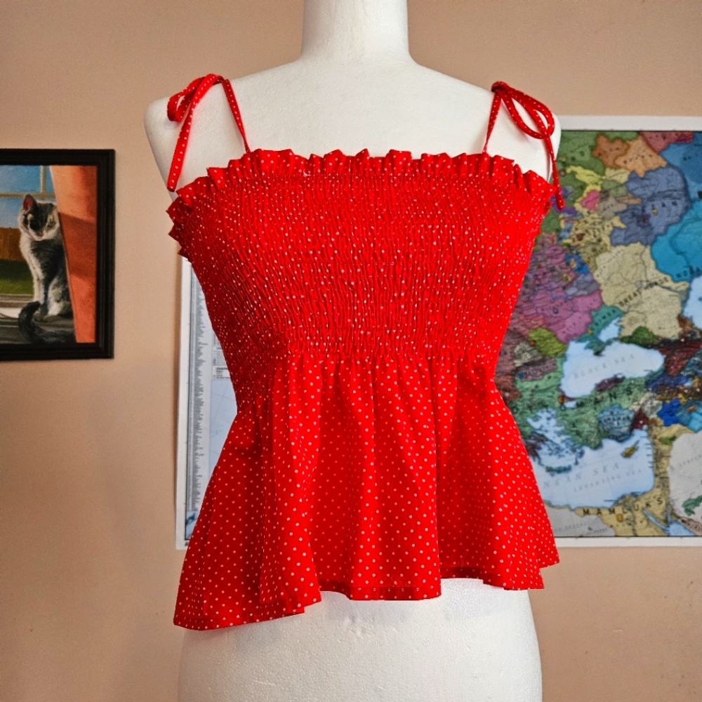 Red Polka Dot Shirred Cami Top